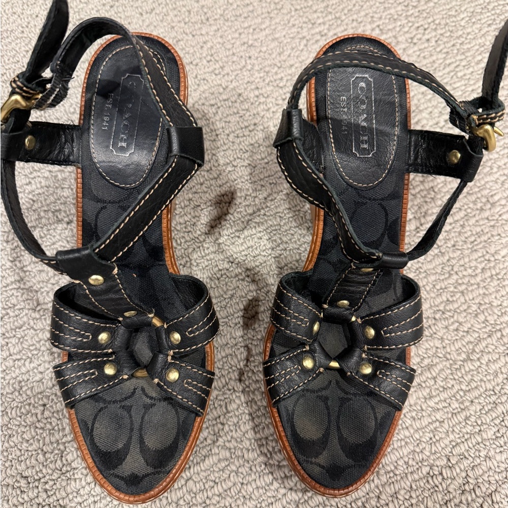 Coach Black and Brown Wedge Sandals - Picture 2 of 6